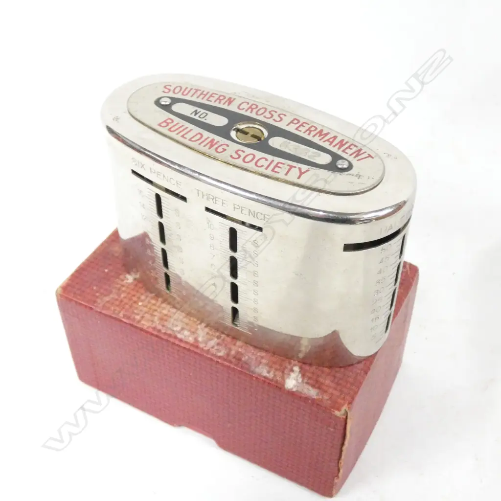 SOUTHERN  CROSS PERMANENT BUILDING SOCIETY MONEY BOX - PATENT JUNE 11 1921. IN ORIGINAL BOX WITH RECEIPT Image 1++
